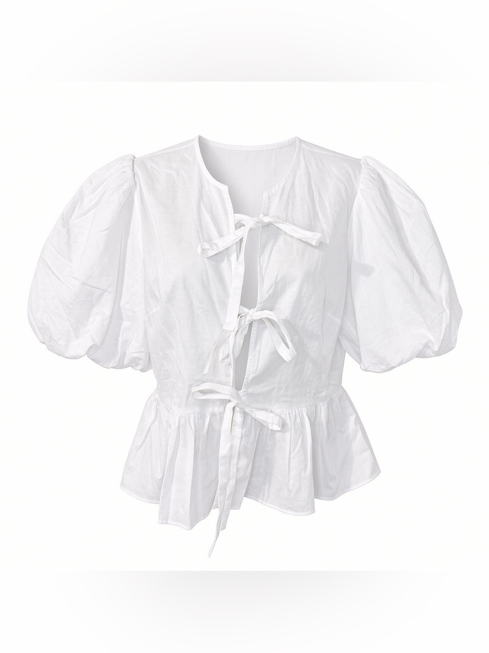 Playa Lucila White Puff Sleeve Peplum Tie Front Blouse S